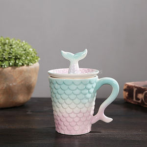 Taza de cerámica con tapa para parejas, Taza de cerámica con esmalte de perlas y escamas de pescado en relieve - Product Image 5