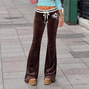 Retro Casual Breathable <b>Ladies</b> <b>Velvet</b> Straight Pants White Floral Embroidery Contrast Trim Drawstring Low Rise Flare <b>Trousers</b> - Product Image 3