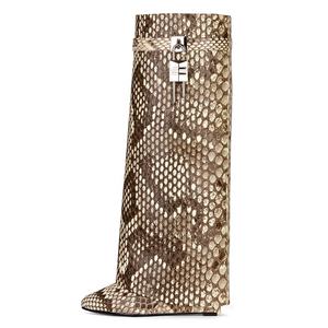 Kat uzun patik yumuşak yerleşimi Slip-on kama topuk ayakkabı kadın diz yüksek çizmeler Metal köpekbalığı kilidi boyutu 43 - Product Image 5