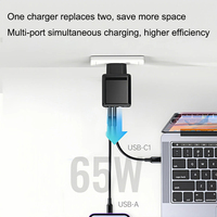 Cargador GaN de 65W con Certificación CE, Enchufe Europeo Tipo-C+USB, Doble Puerto, Carga Rápida, Adaptador Portátil Ignífugo para Laptop, Cámara y Teléfono