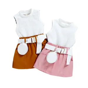 Kinder Meisje Outfit Effen Kleur Mouwloze Tank Tops En Casual Zak Rok Zomer Meisjes Kleding Set