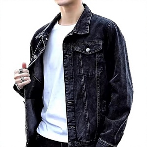 Men's Black Denim Jacket Casual Style Distressed Wash Button Closure Regular Fit Autumn Winter 100% Cotton Breathable Windproof - Product Image 1