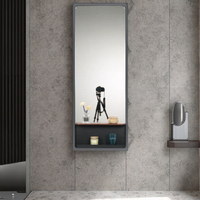Rectangular Framed LED Full-Length Mirror Self Adhesive Wall Mount Standing Mirror with Bottom Storage Compartment for Bedroom