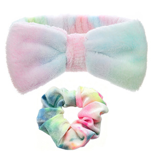 Diadema de felpa suave con lazo para el pelo, conjunto de color pastel tie-dye para mujer, para maquillaje y ducha - Product Image 5