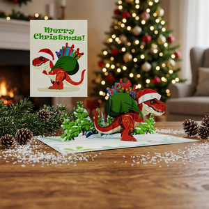 Carte de vœux de Noël tendance en forme de dinosaure, design personnalisé, style pop 3D fait main, découpe de papier, artisanat vietnamien de Hanoï - Product Image 4