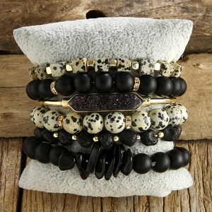 Conjunto de Pulseras de Piedras Preciosas Negras de Estilo Bohemio, Unisex, con Cuentas de Jaspe Dalmático, 6 Piezas - Product Image 5