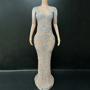 Robe de soirée formelle pour femmes, ornée de perles et de strass, dos nu en maille transparente, tendance - Product Image 2