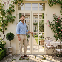 Porte en bois massif de chêne contemporaine DEMEA pour balcon, finition couleur personnalisée, panneau en verre clair, double porte française à battants pour salon