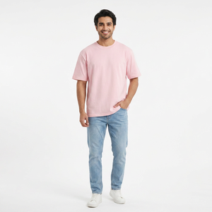 Custom Front Regular Fit Men's Knitted T-Shirt 100% Cotton Heavyweight 280gsm Rib O-Neck Drop Shoulder Breathable Streetwear - Product Image 1