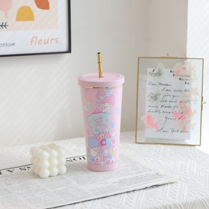 Vaso Térmico <span class=keywords><strong>de</strong></span> Acero Inoxidable 304 con Borde Dorado, Gran Capacidad, Diseño Creativo con Patrón <span class=keywords><strong>de</strong></span> Dibujos Animados, Doble Capa al Vacío, con Pajita, 6-12 - Product Image 4