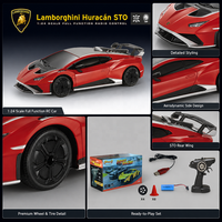 Coche de Carreras a Control Remoto Lamborghini Escala 1:24, Estilo Oficial del Equipo, Set Multipack, Estuche Exclusivo, Juguete Electrónico con Luces LED para Niños