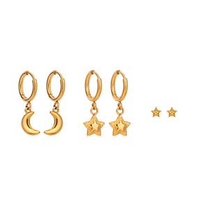 J&D - Juego de 3 Pares de Aretes de Acero Inoxidable con Baño de Oro de 18k, Diseño de Estrella y Luna Martilladas, Versátiles - Product Image 6