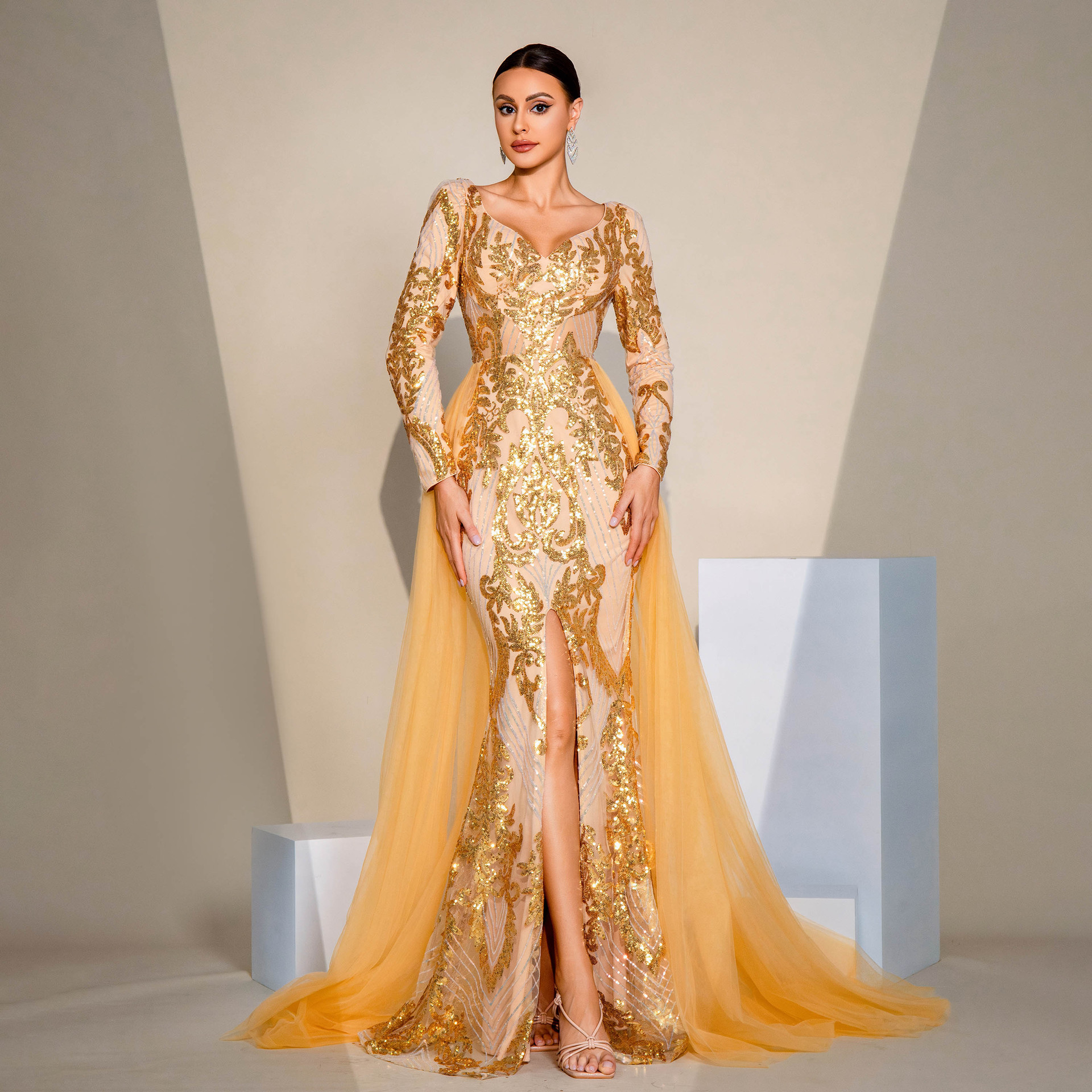 New Arrival Golden Color Mermaid Long Sleeve Evening Dresses With Detachable Train 2025| Alibaba.com New Arrival Golden Color Mermaid Long Sleeve Evening Dresses With Detachable Train 2025| Alibaba.com