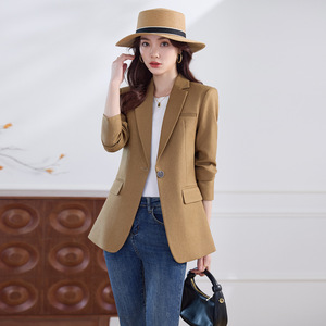 Women's Blazer Dark Brown Wool Slim Fit Solid Color Suit Top For Casual Wear - Product Image 3