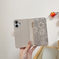 Étui court pliable en cuir PU avec cordon, motif cœur gravé au laser, couleur unie, pour téléphones portables