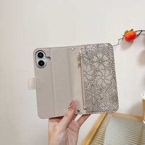 Étui portefeuille pliable en cuir PU avec motif floral et feuilles, avec cordon court, pour iPhone 17 16 15 14 13 Pro Max - Product Image 3