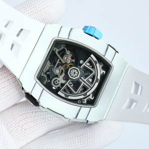 Luxury Men's Sports <b>Watch</b> Light Blue Rubber Strap Hollow Mechanical Design Barrel-Shaped <b>Case</b> High-End Business Glass Pointer - Product Image 4