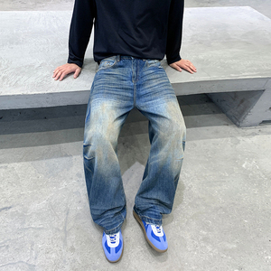 <span class=keywords><strong>Pantaloni</strong></span> in Denim Stile Americano con Effetto Glitterato e Consumato, <span class=keywords><strong>Pantaloni</strong></span> Larghi da Uomo con Gamba Curva, <span class=keywords><strong>Pantaloni</strong></span> di Tendenza di Marca High Street - Product Image 2