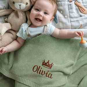 Personalized Knit Blanket <b>Toddler</b> Crib <b>Stroller</b> Blanket, Custom Name Pattern Embroidered Cotton Knit Skin-Friendly Breathable - Product Image 3