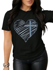 T-shirt da donna a maniche corte con scollo rotondo, motivo a cuore incrociato, stampa digitale, top casual in cotone, abbigliamento primaverile ed estivo - Product Image 1