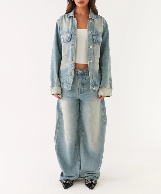 Y2K Streetwear Women's Denim Set Wholesale 2 Piece Outfit Dirty Wash Oversized Jacket and Wide Leg Jeans Cotton Polyester Blend