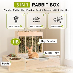 Estación de Alimentación de Madera para Conejos con Comedero y Bebedero Antivuelco para Conejos, Cobayas y Chinchillas - Product Image 3