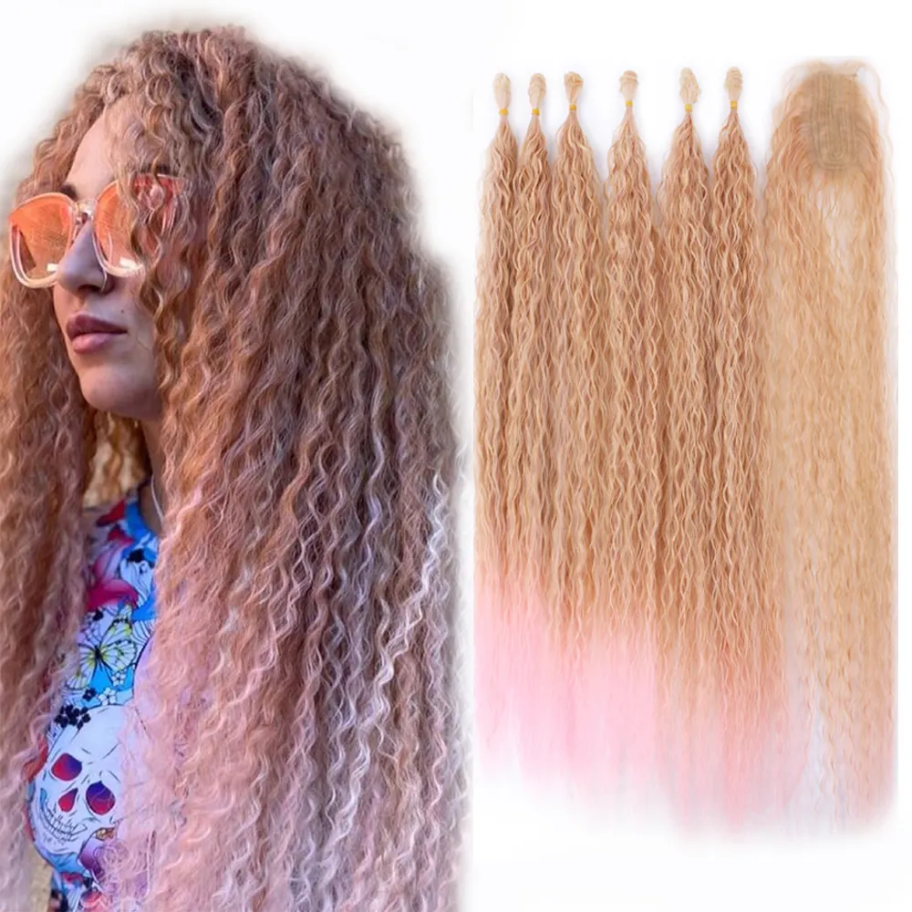 सिंथेटिक लंबे गांठदार घुंघराले बाल बुनाई बंडलों बाल एक्सटेंशन Ombre ब्राउन गुलाबी ग्रे ढीला गहरी लहर थोक बाल महिलाओं के लिए गोरा