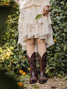 Nouvelles <span class=keywords><strong>bottes</strong></span> de cowboy western pour femmes à bout pointu et à tige haute, brodées, style charro américain, en cuir véritable - Product Image 6