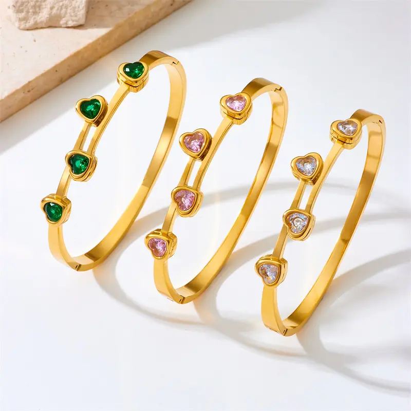 Bracelets de luxe en acier inoxydable cœur pour femmes bracelets en zircon vert blanc rose plaqué or 18 carats bijoux pour femmes