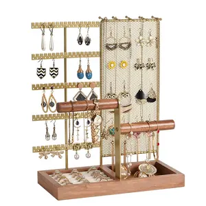 MOQ 20PCS Gold Double Axis Jewelry Rack Disassembly Solid Wood Base Ring Storage Plate Earring Jewelry Display Rack