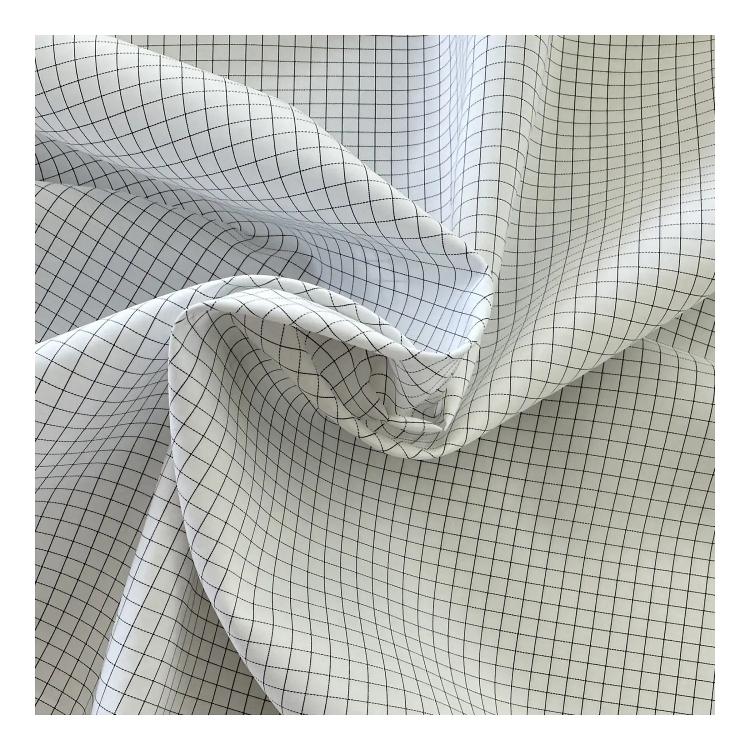 Free Sample White 5mm Grid Stripe Polyester Carbon Conductive Anti-static Plaid ESD Woven Fabric for Cleanroom Garments Clothing