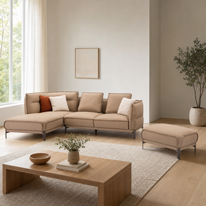 Canapé sectionnel en forme de L avec ottoman, dossier capitonné en tissu, pieds métalliques inclinés, moderne, pour salon, hôtel, villa - Product Image 1