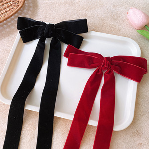 Aksesori rambut anak perempuan Retro klasik hitam merah manis suasana penjualan laris jepit rambut busur pita panjang beludru untuk anak perempuan - Product Image 3