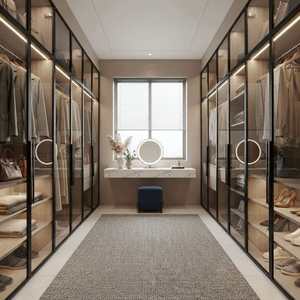 <span class=keywords><strong>Dressing</strong></span> sur mesure de luxe moderne avec portes vitrées à charnières, éclairage LED, rangement intégré pour chaussures, coiffeuse et armoire écologique - Product Image 5