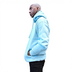 Men's Light Blue Hooded Sweatshirt Regular Fit Solid Color Casual Autumn Wear Pocket Front - Product Image 5