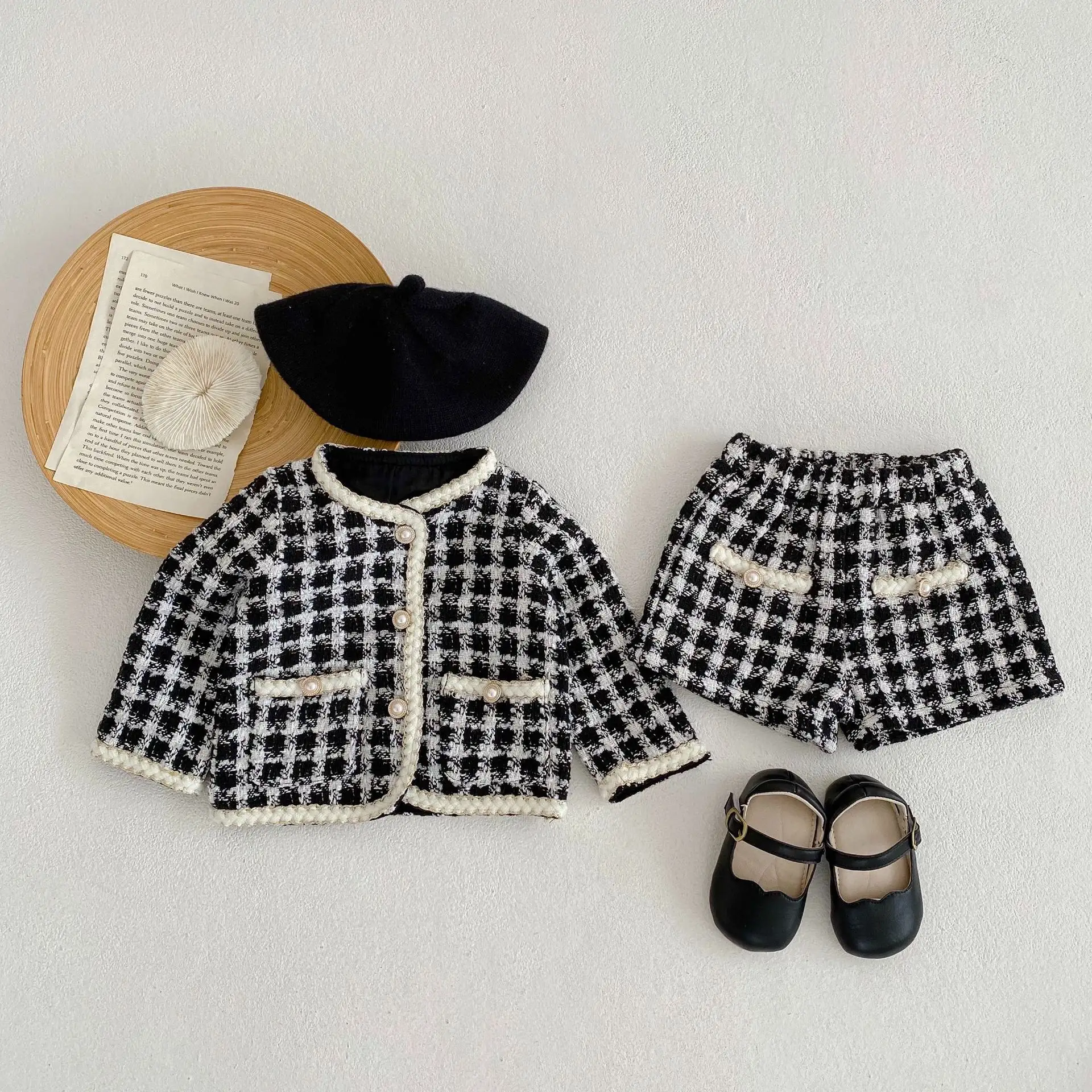Setelan pakaian bayi perempuan, baju mantel lengan panjang kotak-kotak + celana musim semi 2 potong modis