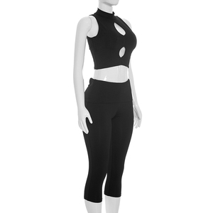 Viviblook J26ST187 Women Summer Set Solid Color Hollow Crop Tank Top Cropped Pants Two Piece Set - Product Image 3