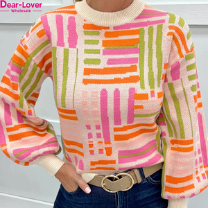 Dear-Lover Maglione da Donna all'Ingrosso con Motivo a Rose e Linee, Collo Tondo e Maniche a Sbuffo - Product Image 1