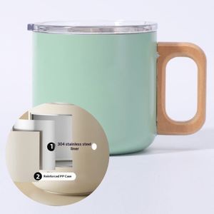 Mug en acier inoxydable 304 avec intérieur et extérieur en acier inoxydable, poignée en bois, anti-brûlure, tasse de bureau au design minimaliste, 400 ml, tasse à café - Product Image 3