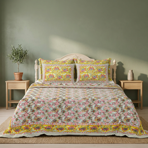 Parure de lit florale imprimée style bohème en coton blanc indien avec taies d'oreiller – Tailles Queen et King – Literie toutes saisons - Product Image 1