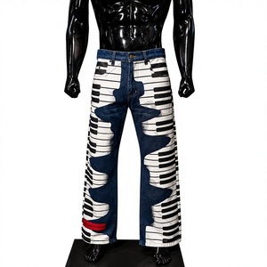 Jean droit en denim pour homme, imprimé touches de piano, coupe ample, délavé - Product Image 1