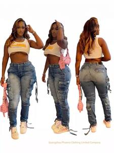 HANO, pantalones de mezclilla con <span class=keywords><strong>Cargo</strong></span> degradado a la moda Retro para <span class=keywords><strong>mujer</strong></span>, pantalones ajustados con botones de cintura alta, ropa de calle vaquera a juego para <span class=keywords><strong>mujer</strong></span> - Product Image 2