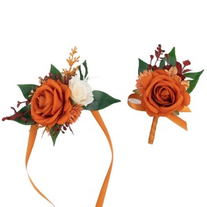 Conjunto de Corsage y Boutonniere de Flores de Tela de Satén Hechas a Mano para Bodas, Damas de Honor, Ocasiones Formales, Decoración <span class=keywords><strong>al</strong></span> por Mayor - Product Image 5