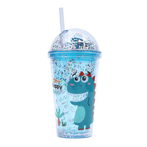 Hot bán phim hoạt hình nhựa cốc cốc cho trẻ em sinh viên sáng tạo dễ thương đôi tường cup với nắp và rơm - Product Image 5