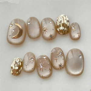 Luxe or étoile oeil de chat acrylique fait à la main court rond presse sur les ongles en gros marque privée <span class=keywords><strong>faux</strong></span> ongles courts pour le doigt - Product Image 1