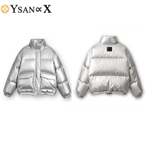 LOVEXUAN – Veste courte matelassée élégante en PU argenté brillant avec rembourrage en <span class=keywords><strong>duvet</strong></span> <span class=keywords><strong>d</strong></span>'<span class=keywords><strong>oie</strong></span> et col montant, approuvée par les marques, prix <span class=keywords><strong>d</strong></span>'usine - Product Image 3