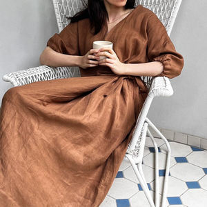 <span class=keywords><strong>Robe</strong></span> en lin grande taille pour femmes <span class=keywords><strong>Robe</strong></span> portefeuille <span class=keywords><strong>longue</strong></span> décontractée pour femmes, col en V, manches courtes, robes longues pour femmes - Product Image 4