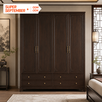 Nouvelle armoire chinoise en bois massif avec sculptures ajourées et poignées dorées, 4 portes, autoportante, pour chambre à coucher, sur mesure
