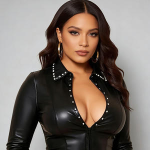 Vente flash sur Temu : chemisier femme en simili cuir noir, col orné de strass, manches longues, fermeture éclair devant, coupe slim, style clubwear - Product Image 2