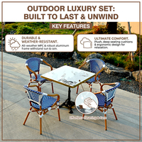 Meubles de bar commerciaux écologiques, table de bistrot moderne à motif marbre français, chaises de jardin empilables durables en rotin PE